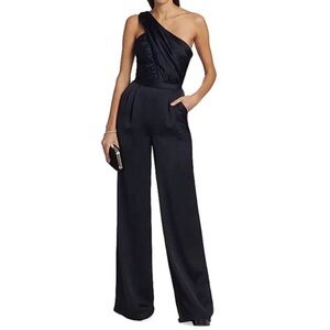 RAMY BROOK Women's Black Myra Asymmetric Pleated Satin Jumpsuit Size 10